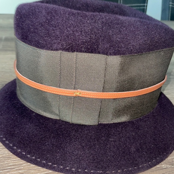 LOLA HATS Deep Purple Wool Fedora Hat Army Green Band Tan Leather Band Size S - Picture 6 of 8